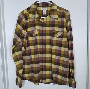 As Real As Wrangler Women's L Button Down Shirt Purple Yellow/Green Plaid Top